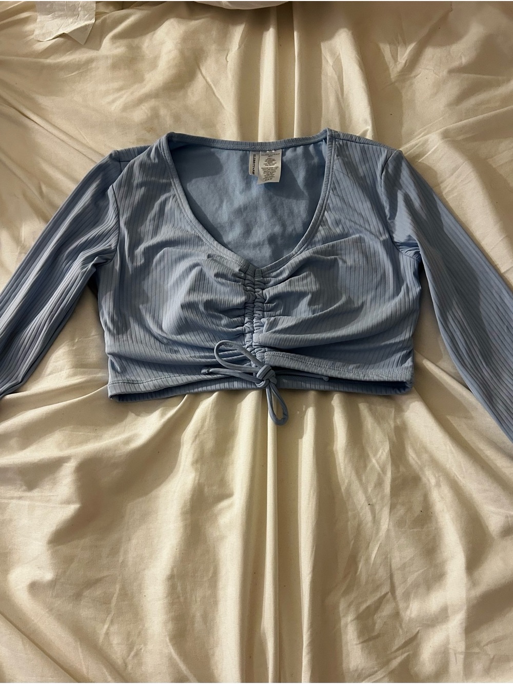 Celebrity Pink Light Blue Ribbed Ruched Long-Sleeve Crop Top